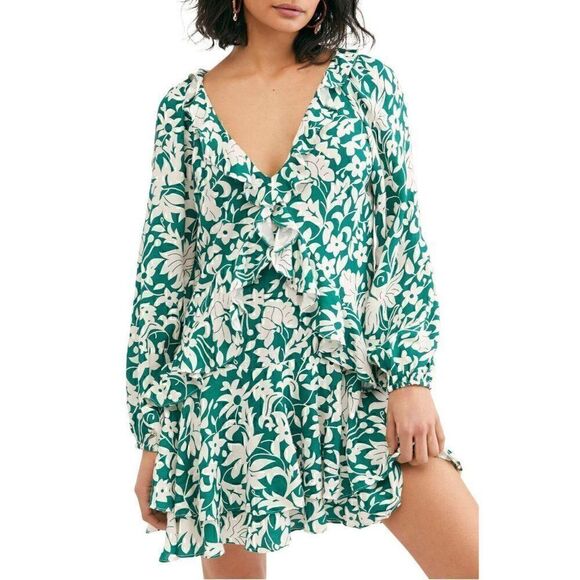 Free People NEW Green/White V-Neck Mini Dress XS - Picture 2 of 9